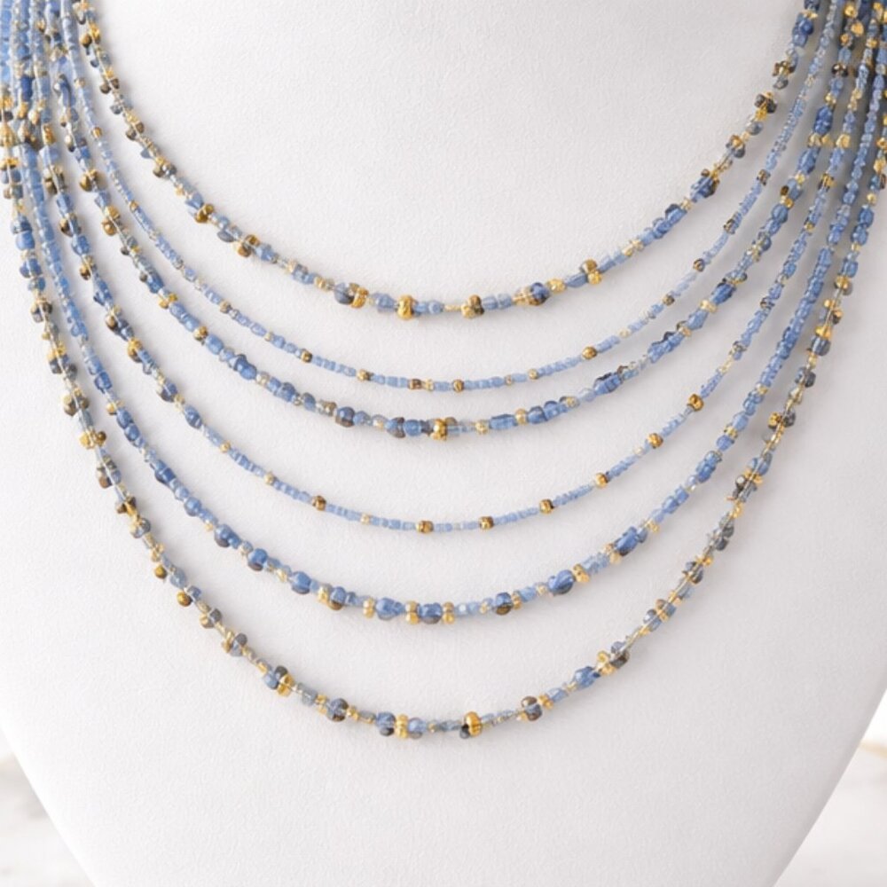 Multi-Strand Blue Beaded Necklace with Gold Tone Accents - Picture 2 of 3